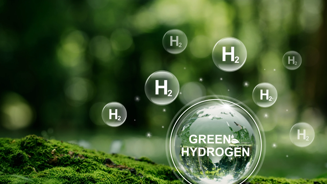Close-up image of a hydrogen molecule in a scientific illustration