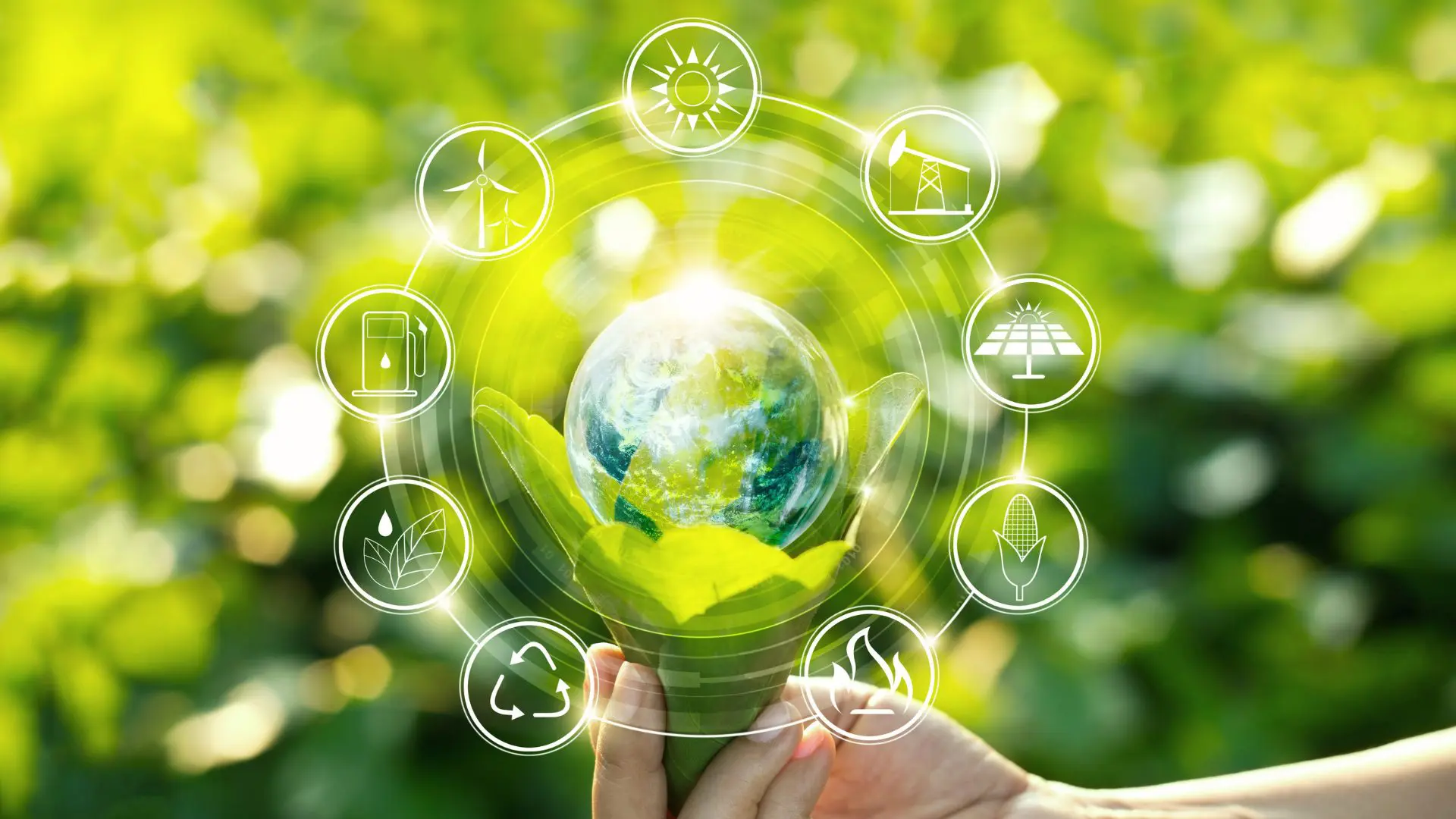 Diagram illustrating various sources of potential renewable energy like solar, wind, and hydro power for sustainable future.
